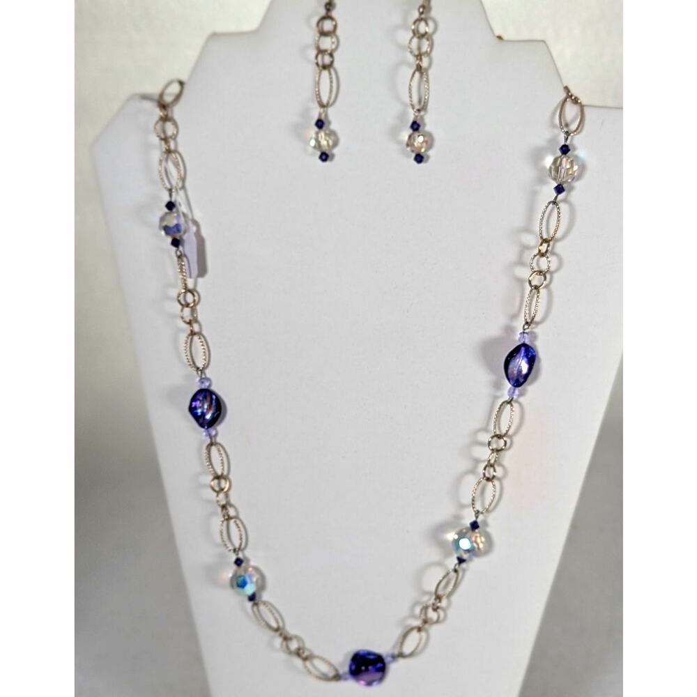 Purple dyed paua shell,Vtge crystal Aurora beads 25-30.5" E 2.50"earrings 2.50"